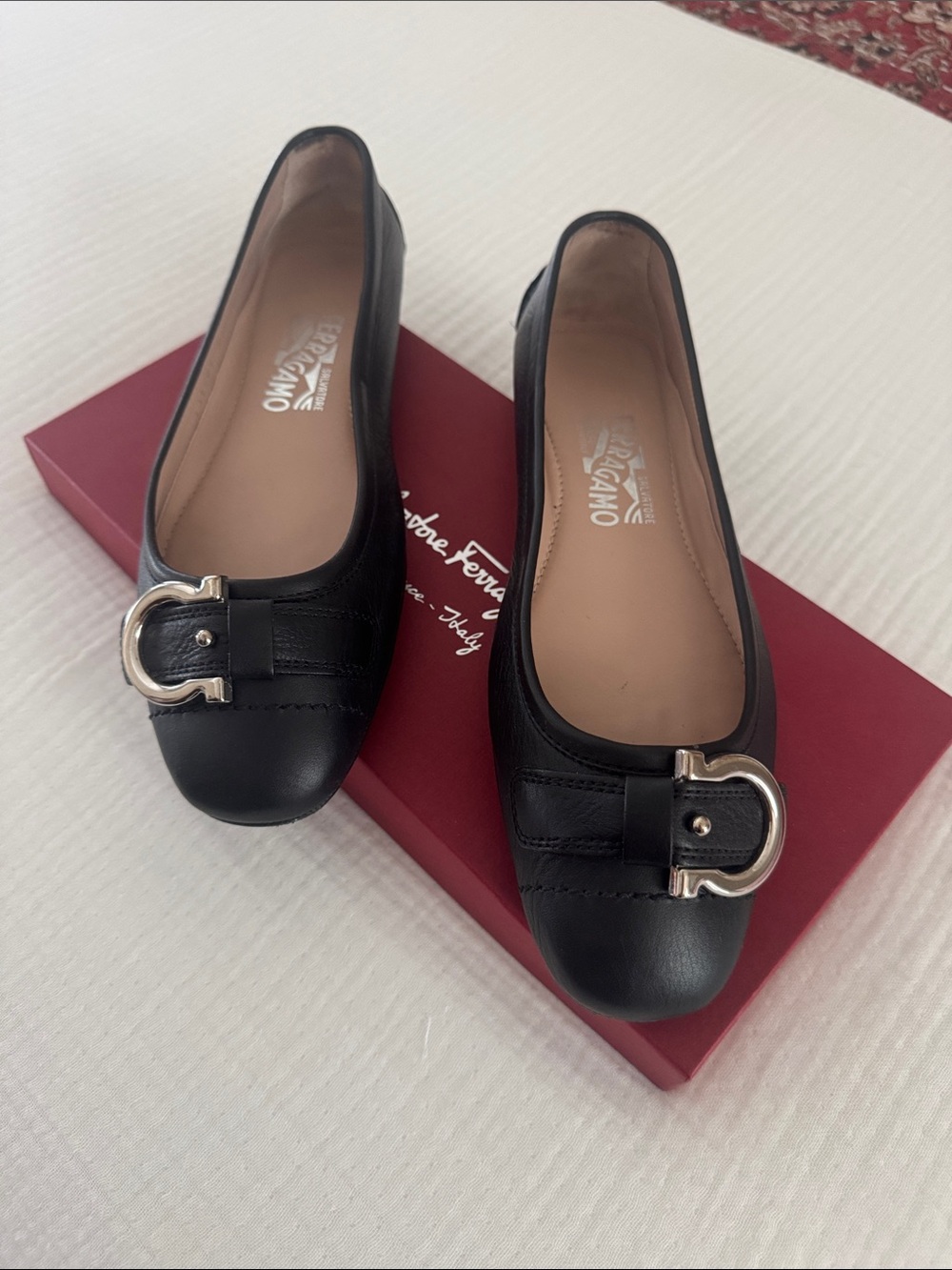 Salvatore Ferragamo Calandria Black Leather Buckle Ballet Flats. Like new.